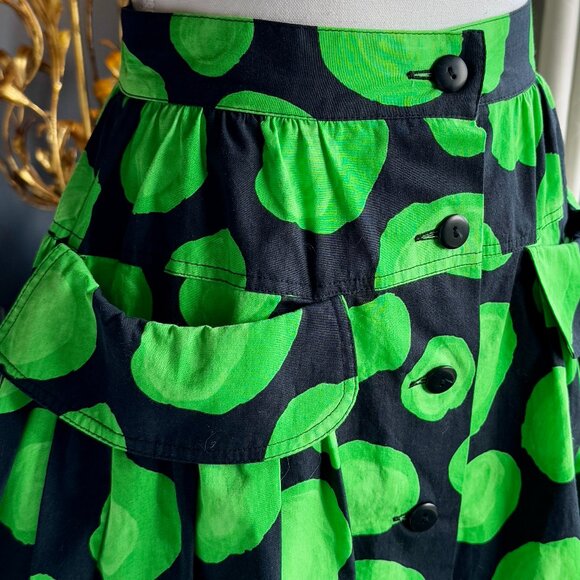 Mouche Black and Green Abstract Limes Full Buttoned Swing Skirt w Pockets - Picture 5 of 13